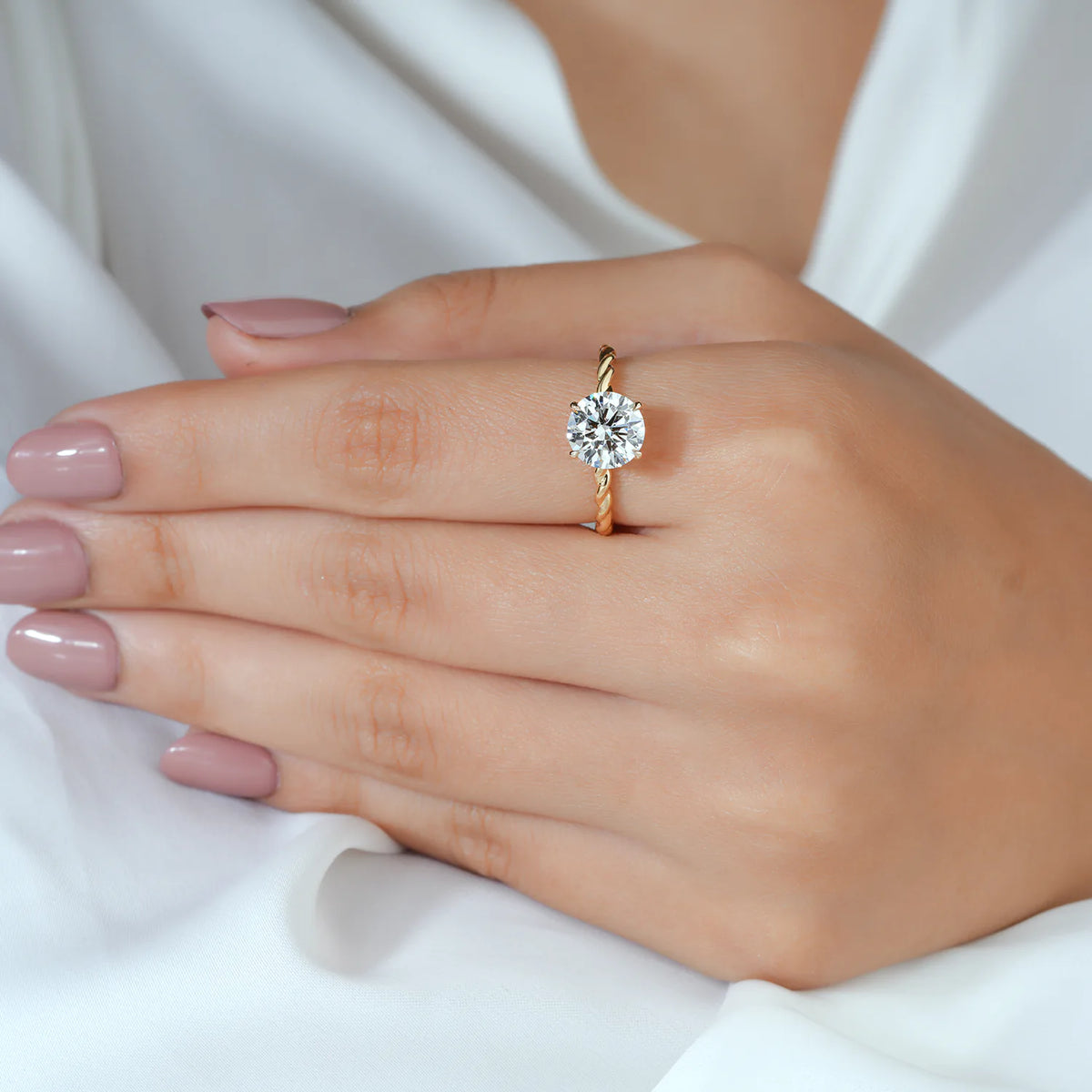 Round Lab Grown Diamond Hidden Halo, Twisted Rope Gold Ring