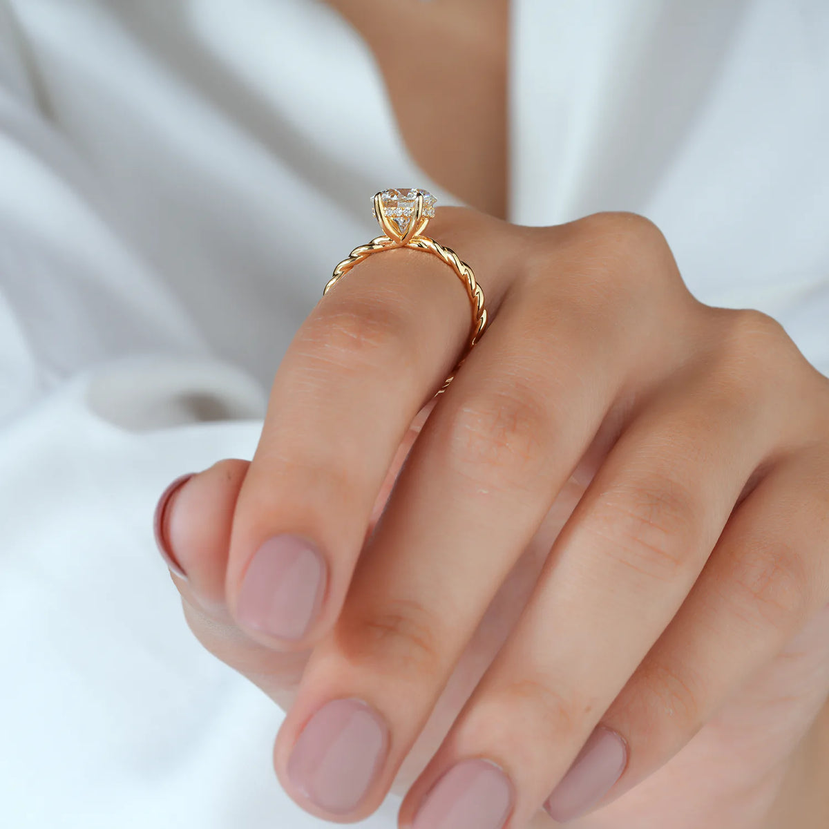 Round Lab Grown Diamond Hidden Halo, Plain Polished Diamond Ring