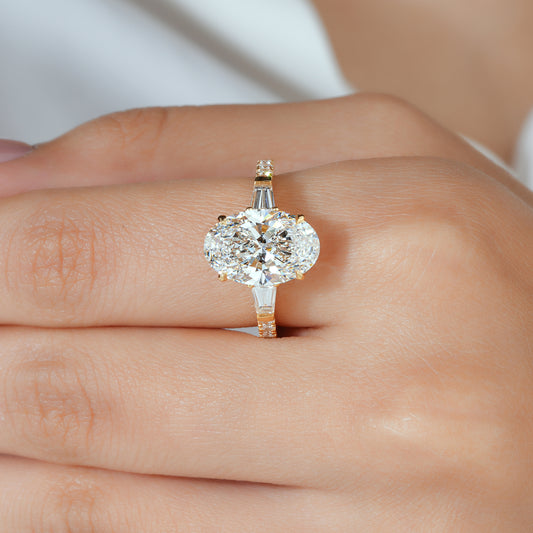 Oval Lab Grown Diamond Engagement Ring, Tapered Baguette Side Stones