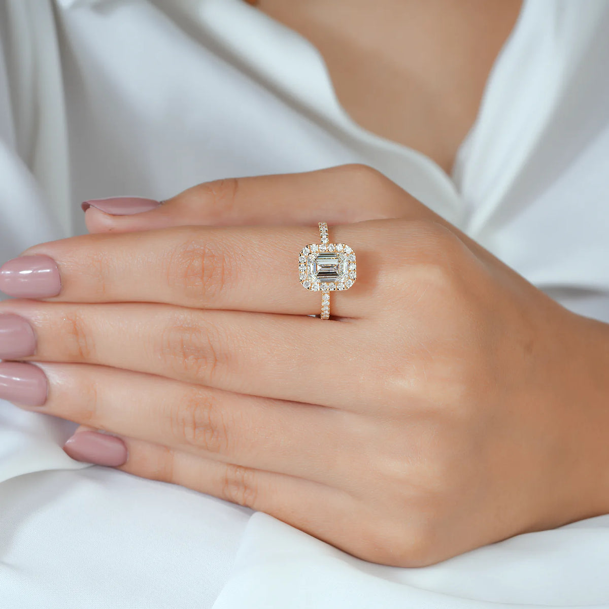 Emerald Cut Halo Ring with Hidden Accent