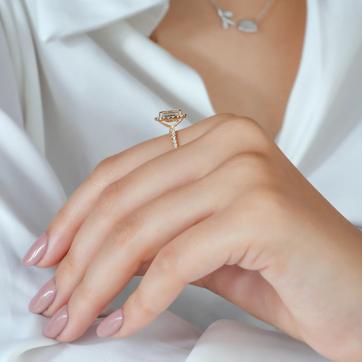 Emerald Cut Halo Ring with Hidden Accent