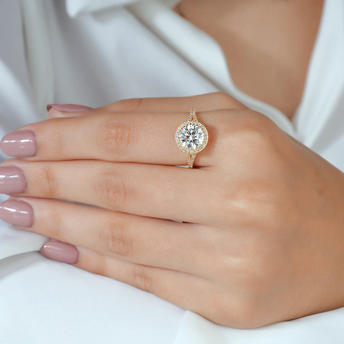 Round Halo Split Shank Lab Grown Diamond Engagement Ring