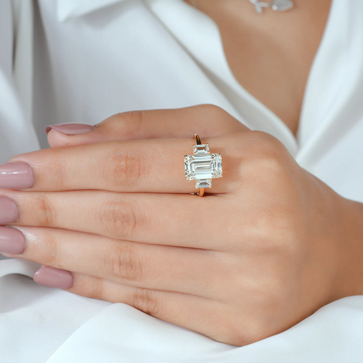 Three Stone Emerald Cut Diamond Engagement Ring