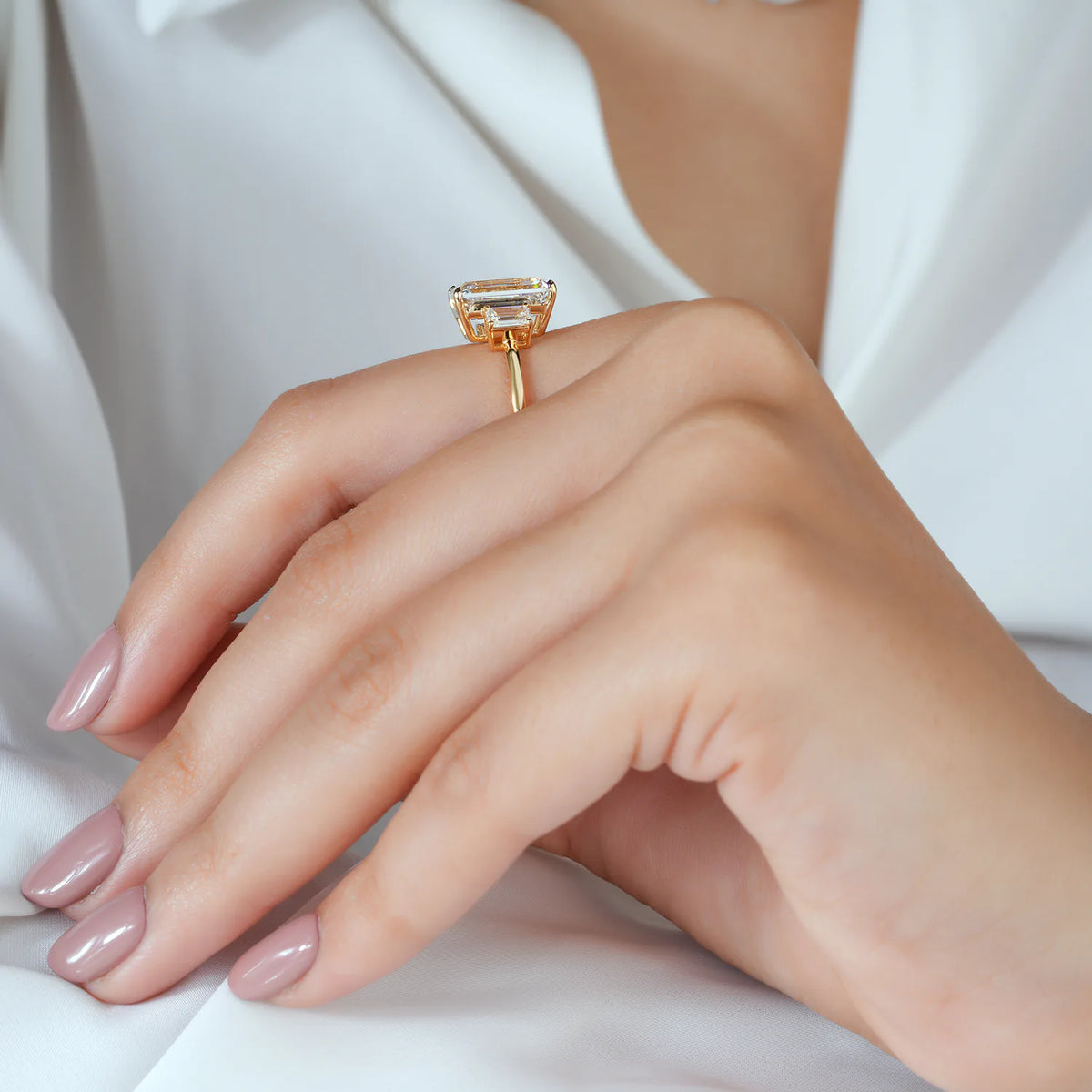 Three Stone Emerald Cut Diamond Engagement Ring