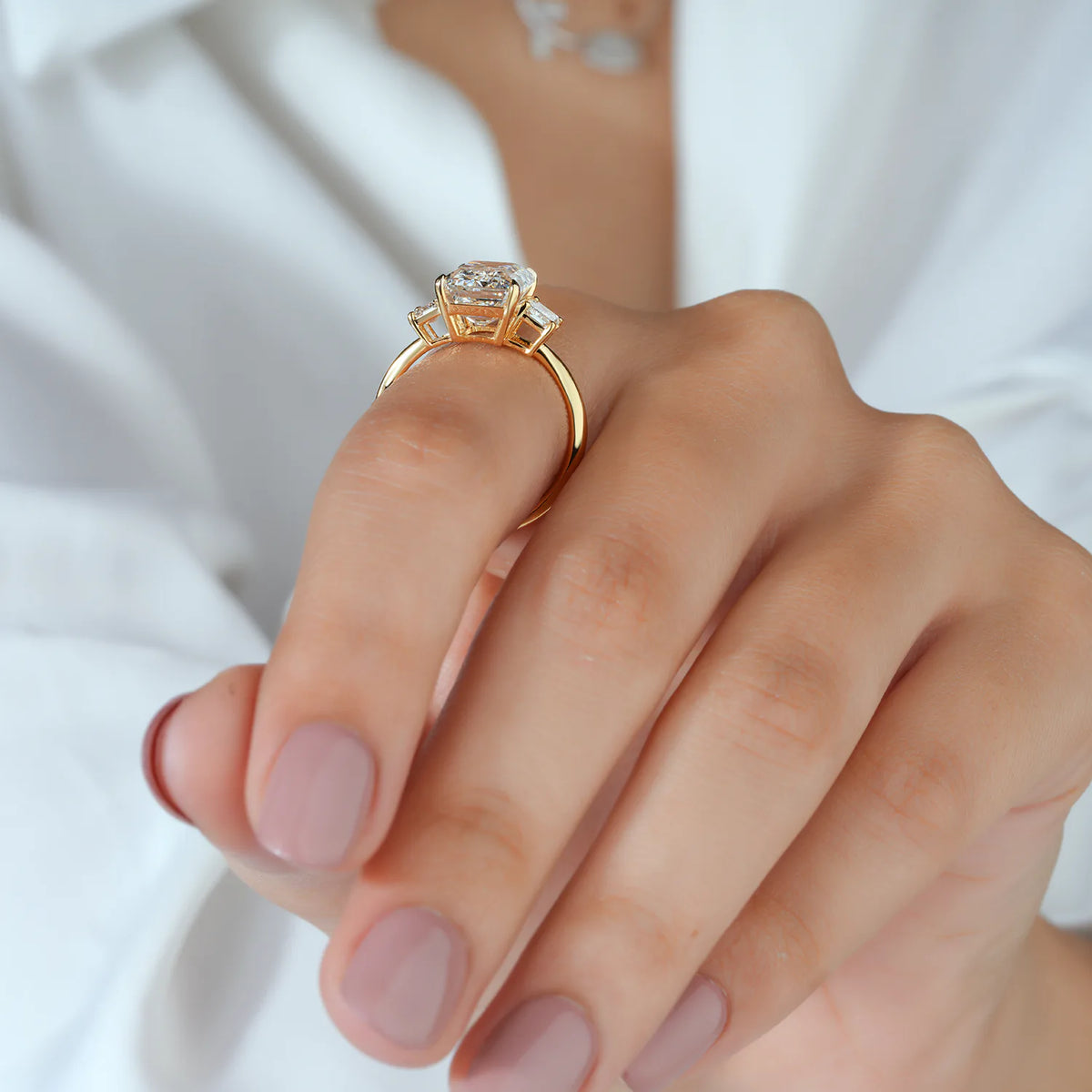 Three Stone Emerald Cut Diamond Engagement Ring