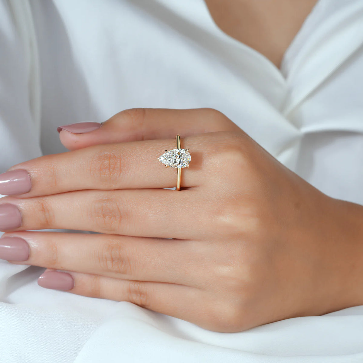 Pear Lab Grown Diamond Hidden Halo Ring, Plain Polished Ring