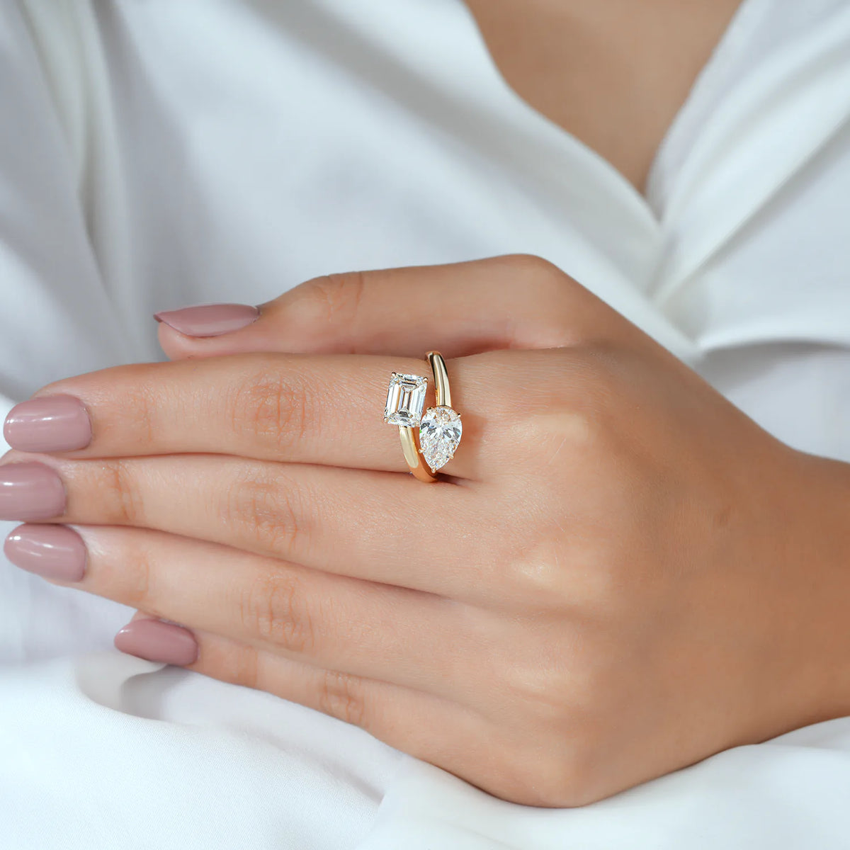 Emerald and Pear Diamond Bypass Toi et Moi Ring