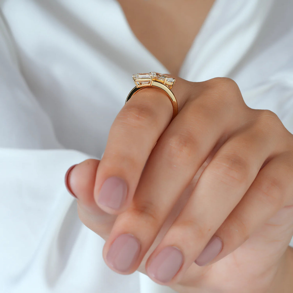 Emerald and Pear Diamond Bypass Toi et Moi Ring