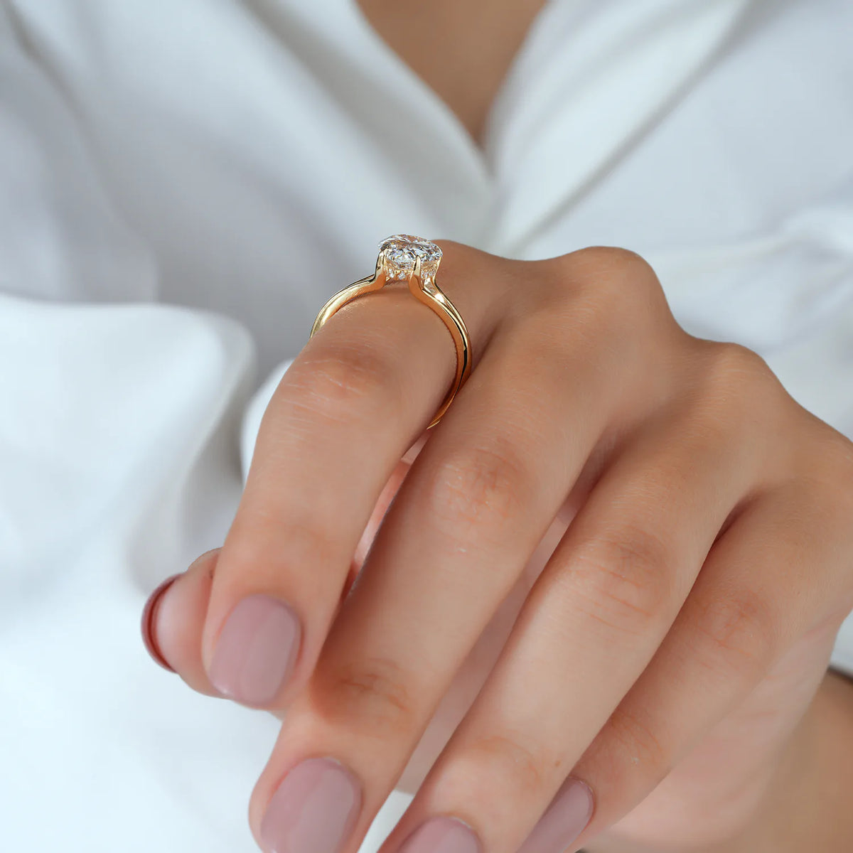 Pear Shaped Lab Grown Diamond Engagement Ring with Split Shank and Hidden Pave Accent