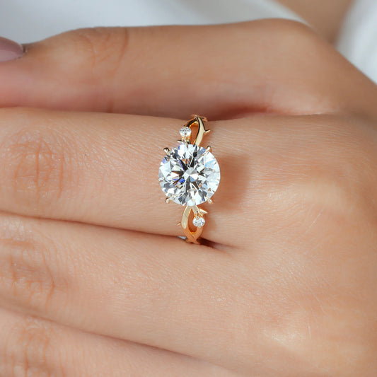 Round Lab Grown Diamond Four Prong Twig Vine Engagement Ring with Thorn Detail and Accent Diamonds in Gold or Platinum
