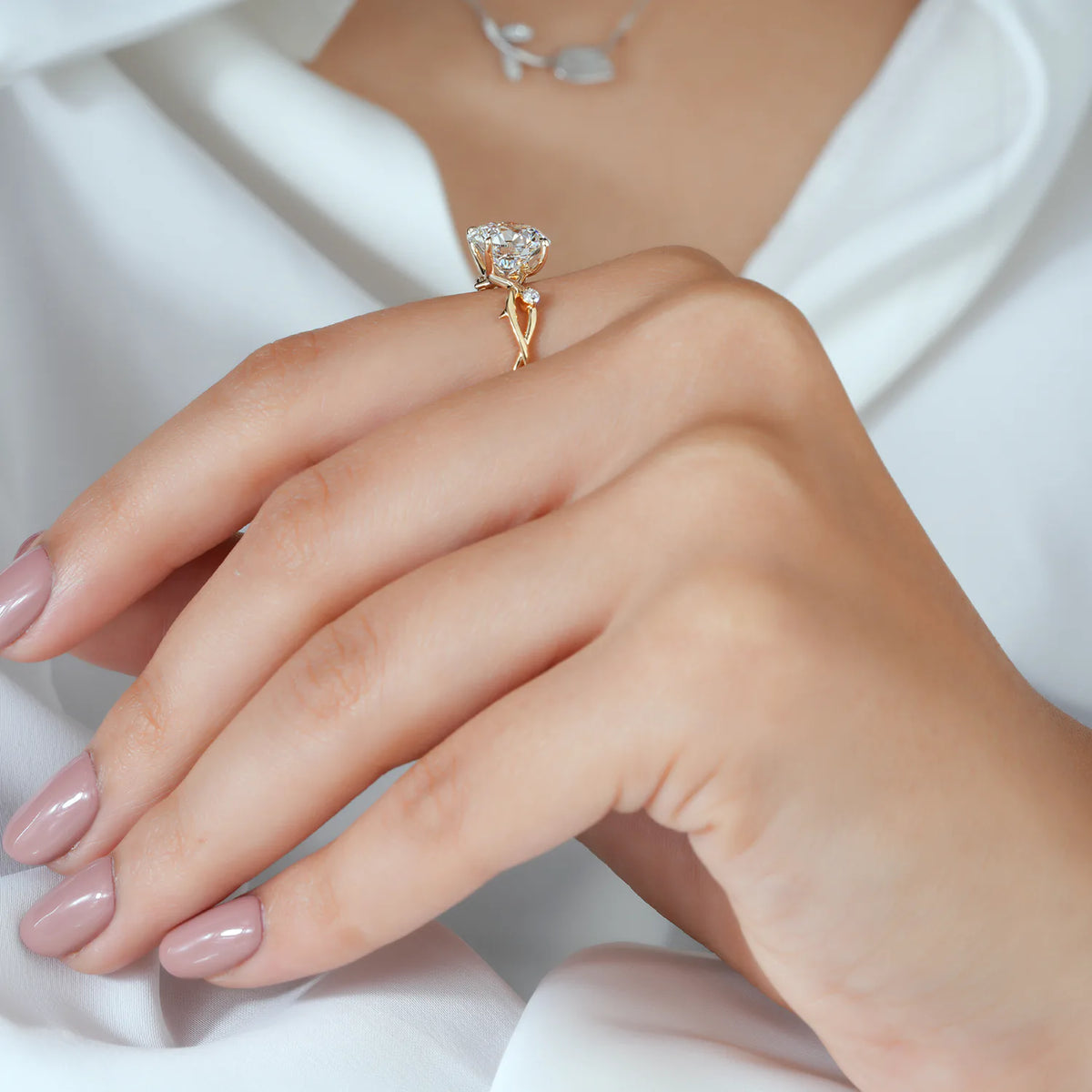 Round Lab Grown Diamond Four Prong Twig Vine Engagement Ring with Thorn Detail and Accent Diamonds in Gold or Platinum