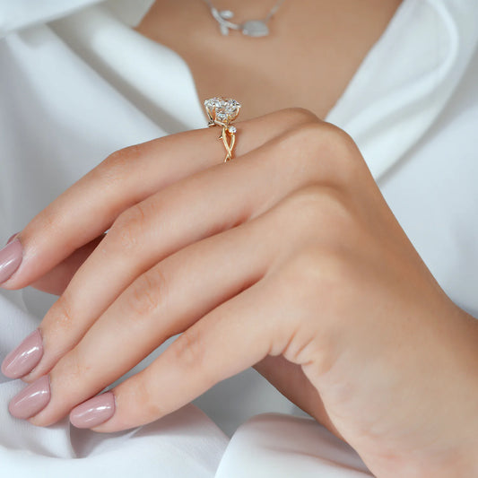 Round Lab Grown Diamond Four Prong Twig Vine Engagement Ring with Thorn Detail and Accent Diamonds in Gold or Platinum