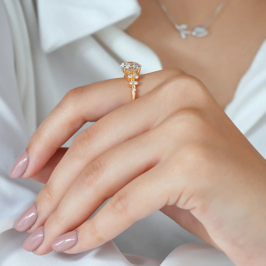 Round Lab Grown Diamond Four Prong Engagement Ring with Scattered Cluster Side Diamonds in Gold or Platinum