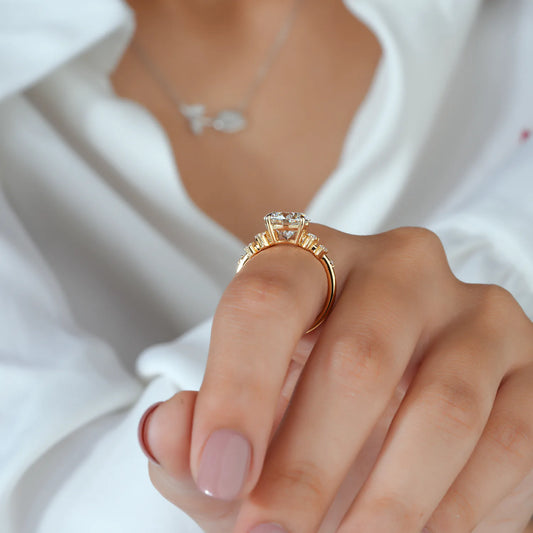 Round Lab Grown Diamond Four Prong Engagement Ring with Scattered Cluster Side Diamonds in Gold or Platinum