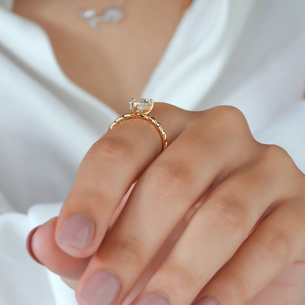 Pear Lab Grown Diamond Hidden Halo, Twisted Rope Gold Ring