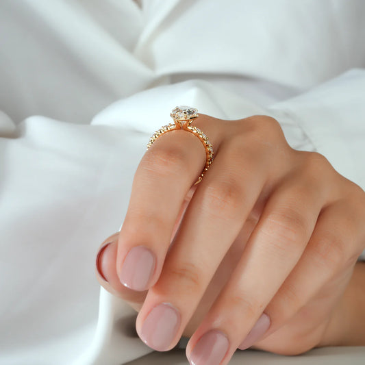 Pear Cut Lab Grown Diamond Engagement Ring with Scalloped Bubble Ring