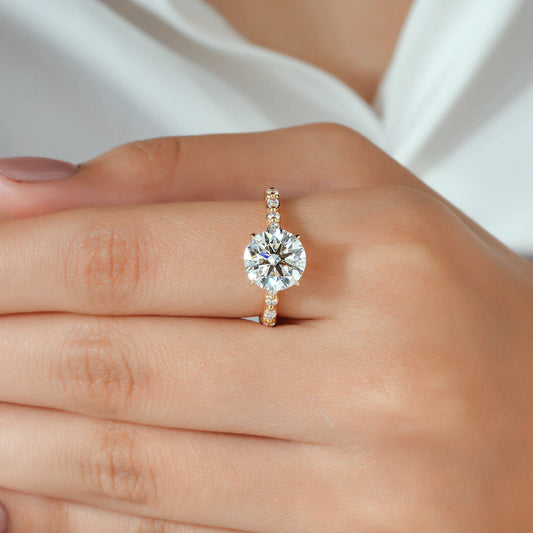 Round Lab Grown Diamond Four Prong Engagement Ring with Alternating Marquise and Round Side Diamonds and Hidden Halo in Gold or Platinum