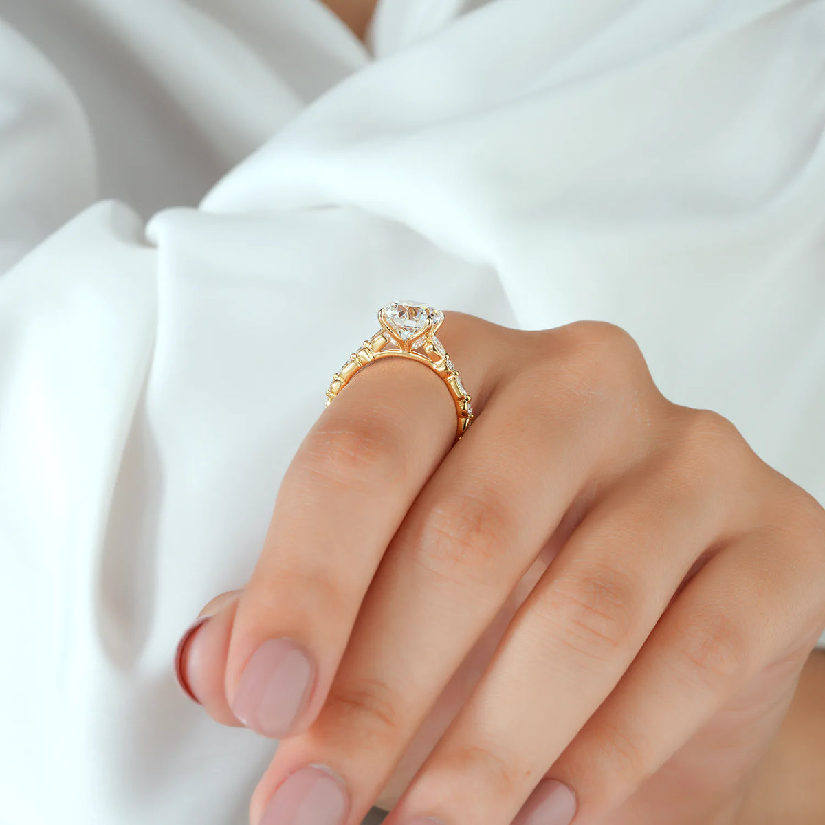 Round Lab Grown Diamond Four Prong Engagement Ring with Alternating Marquise and Round Side Diamonds and Hidden Halo in Gold or Platinum