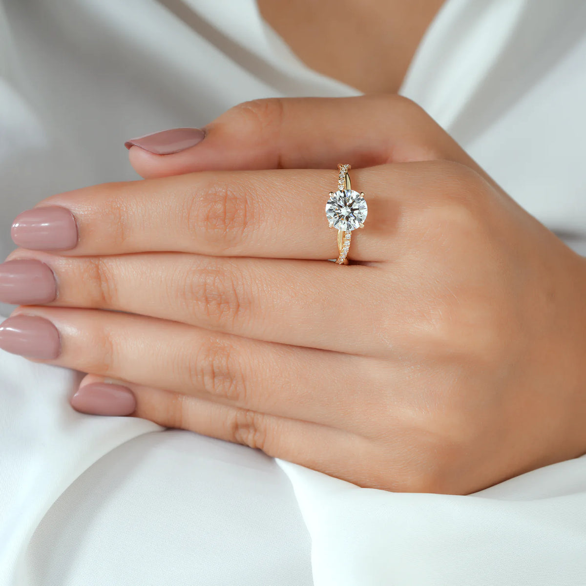 Round Lab Grown Diamond Hidden Halo, Twisted Pave Diamond Ring