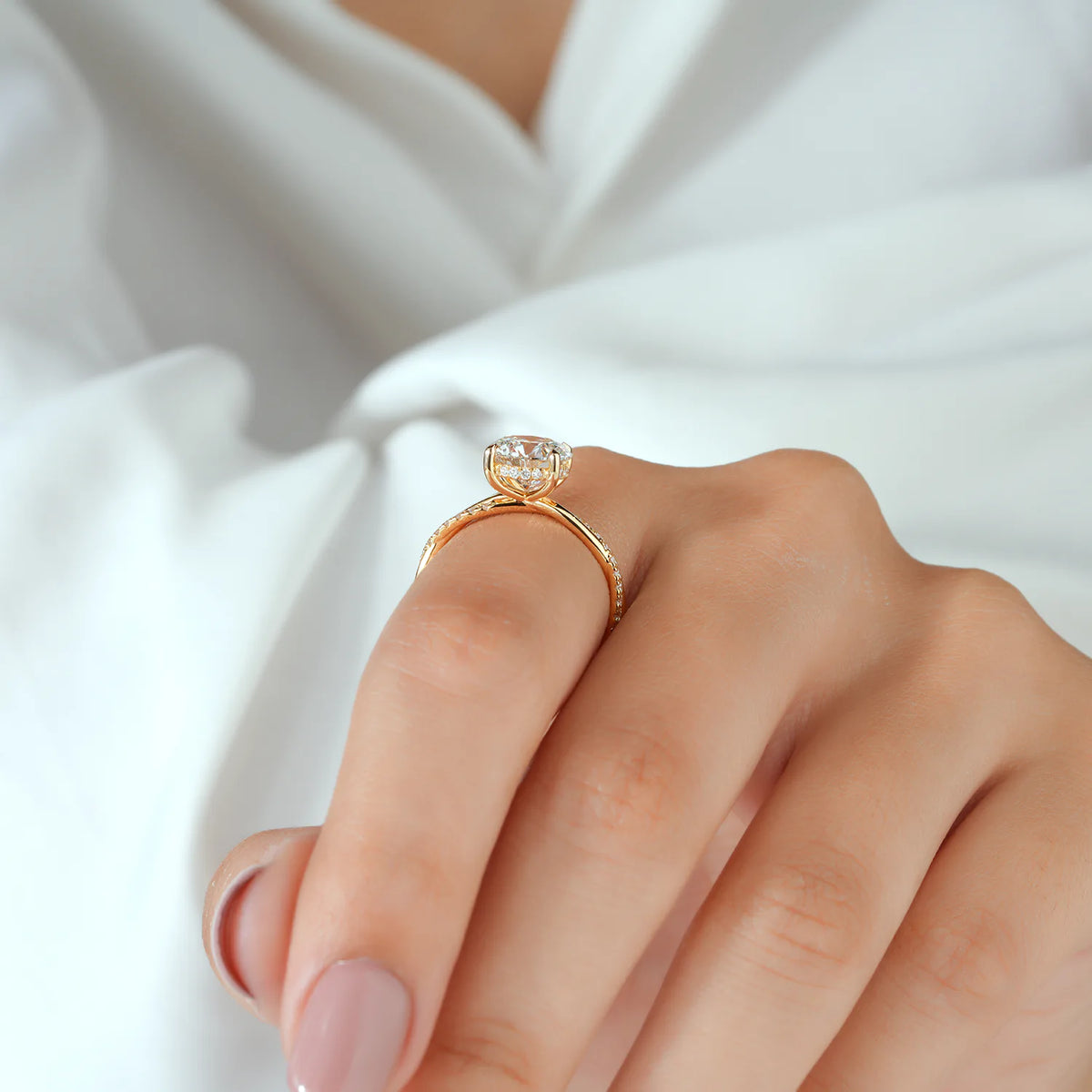 Round Lab Grown Diamond Hidden Halo, Twisted Pave Diamond Ring