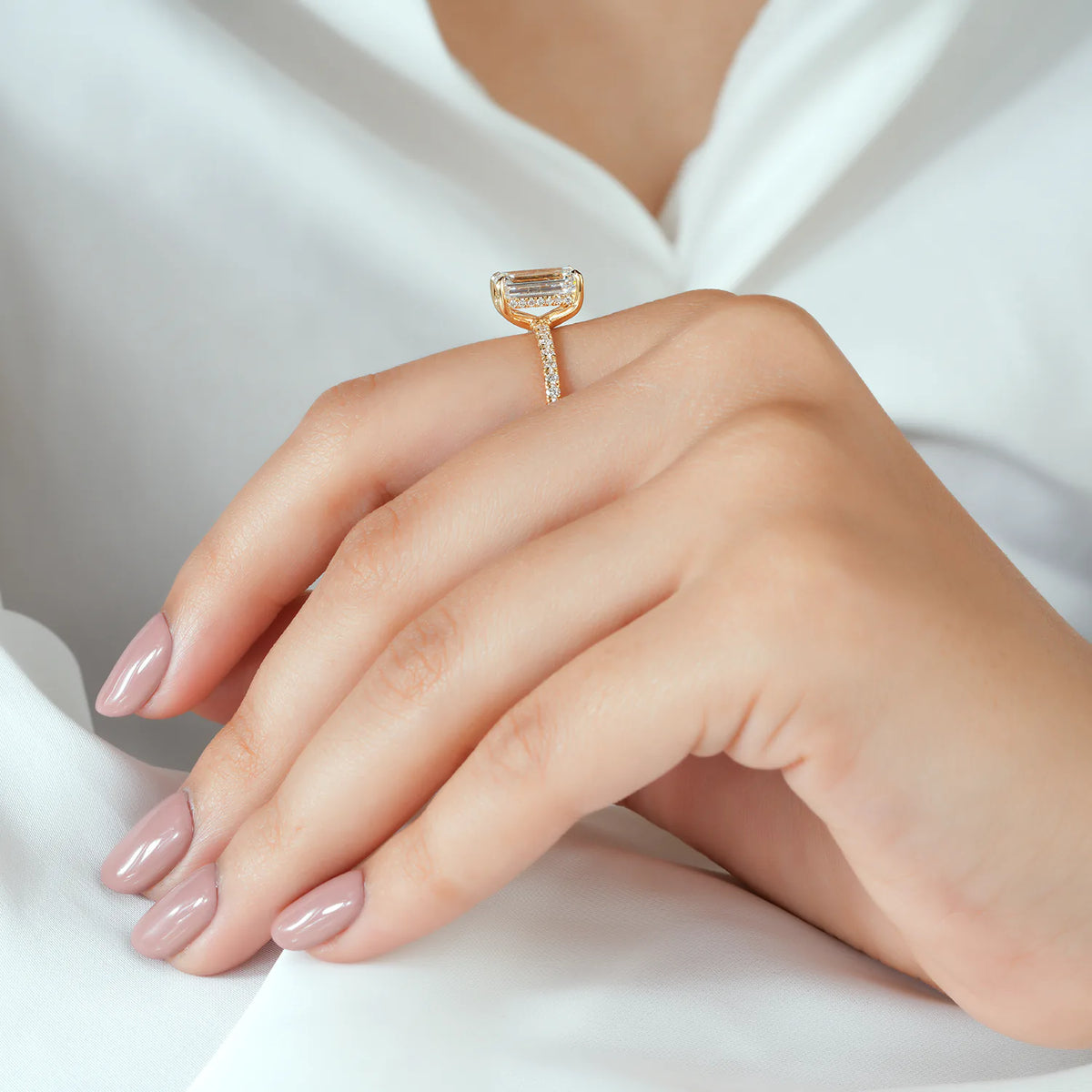 Product Title Emerald Cut Solitaire Ring with Pavé Band