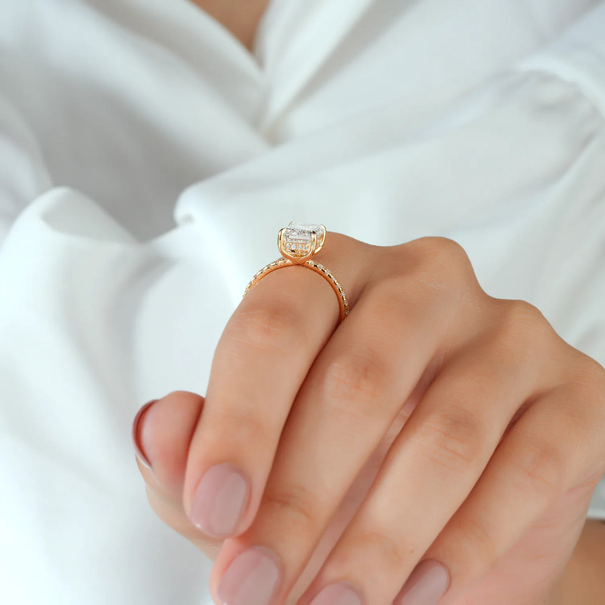 Product Title Emerald Cut Solitaire Ring with Pavé Band