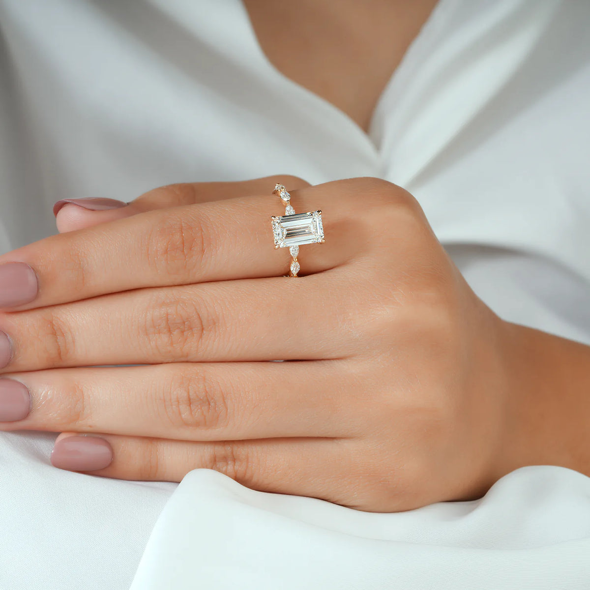 Emerald Cut Ring with Marquise Accent Clusters
