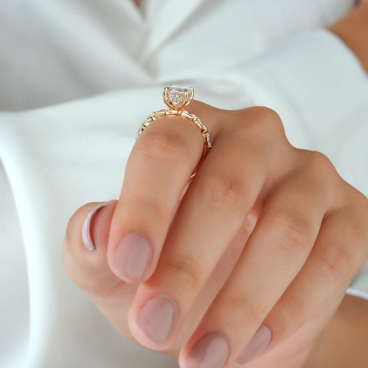 Emerald Cut Ring with Marquise Accent Clusters