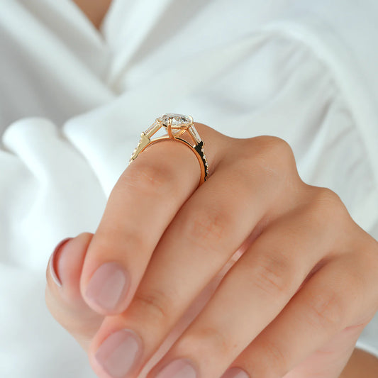 Pear and Baguette Cut Lab Grown Diamond Three-Stone Engagement Ring with Pave Ring in Yellow Gold