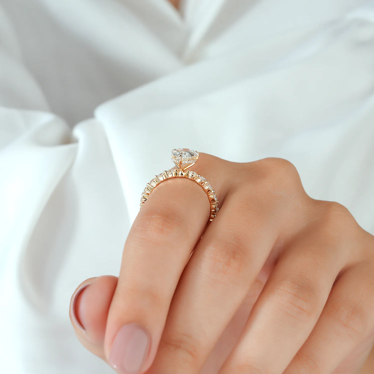 Pear Shaped Lab Grown Diamond Engagement Ring with Floating Round Diamond Band