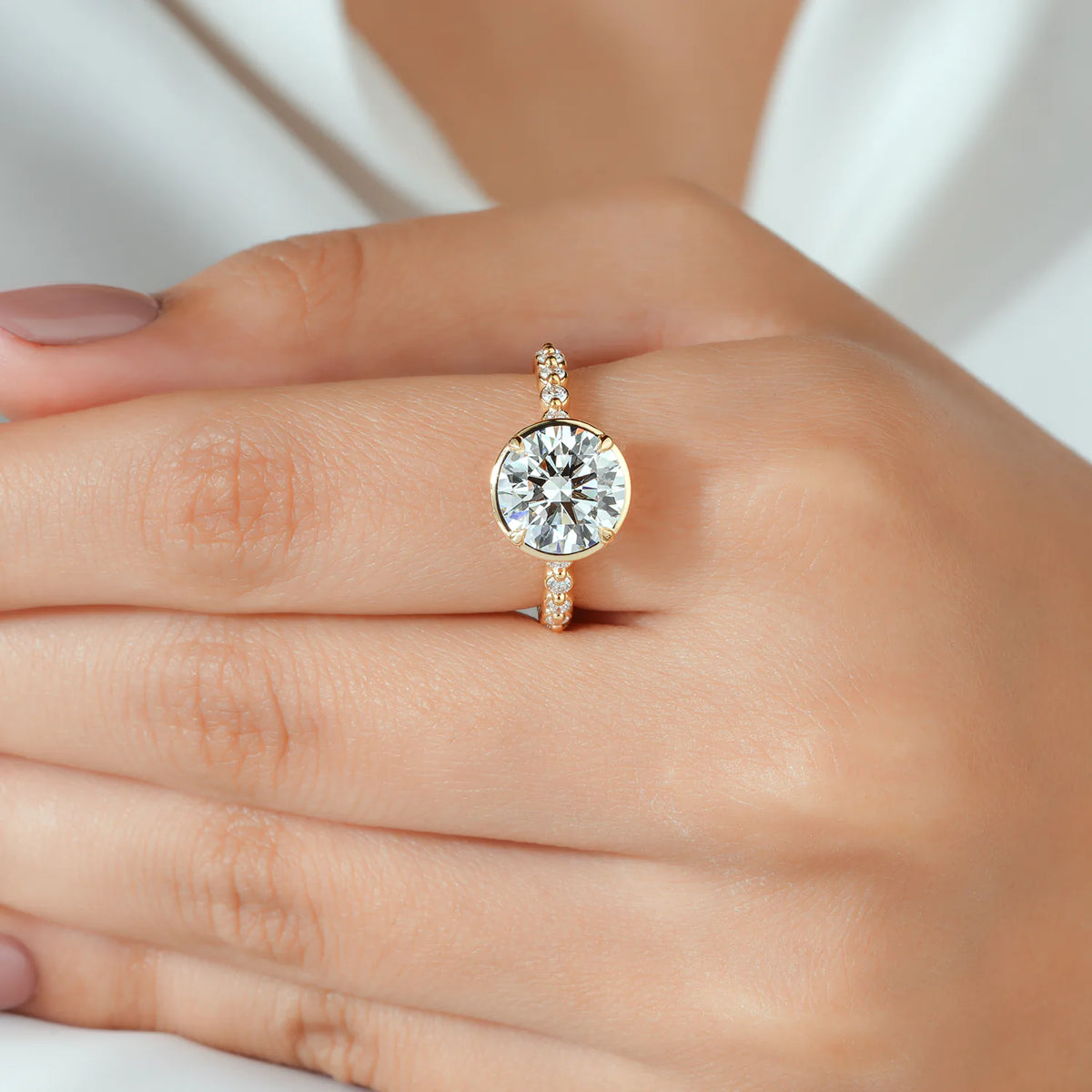 Round Lab Grown Diamond Bezel Prong Engagement Ring with Bezel Set Accent Band in Gold or Platinum
