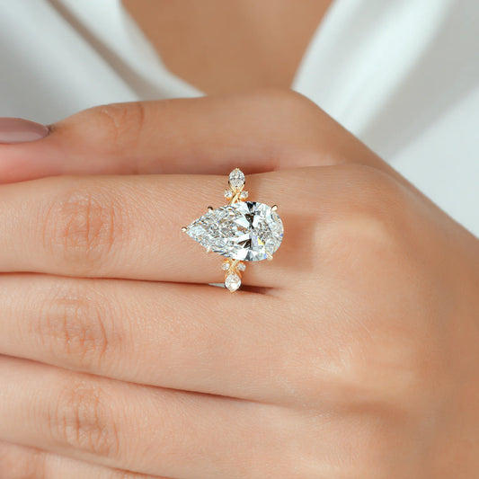 Pear Lab Grown Diamond Bridal Set, Cluster Sides, Chevron Ring