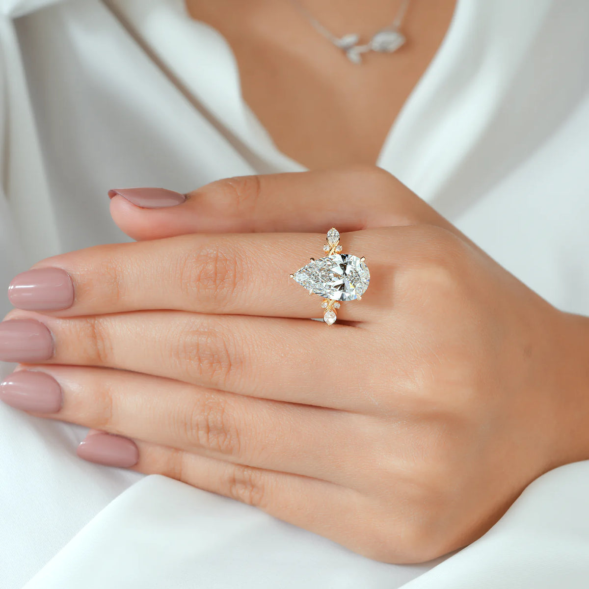 Pear Lab Grown Diamond Bridal Set, Cluster Sides, Chevron Ring