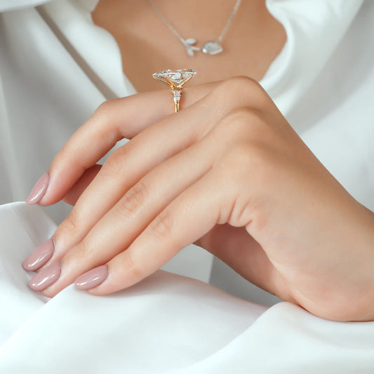 Pear Lab Grown Diamond Bridal Set, Cluster Sides, Chevron Ring