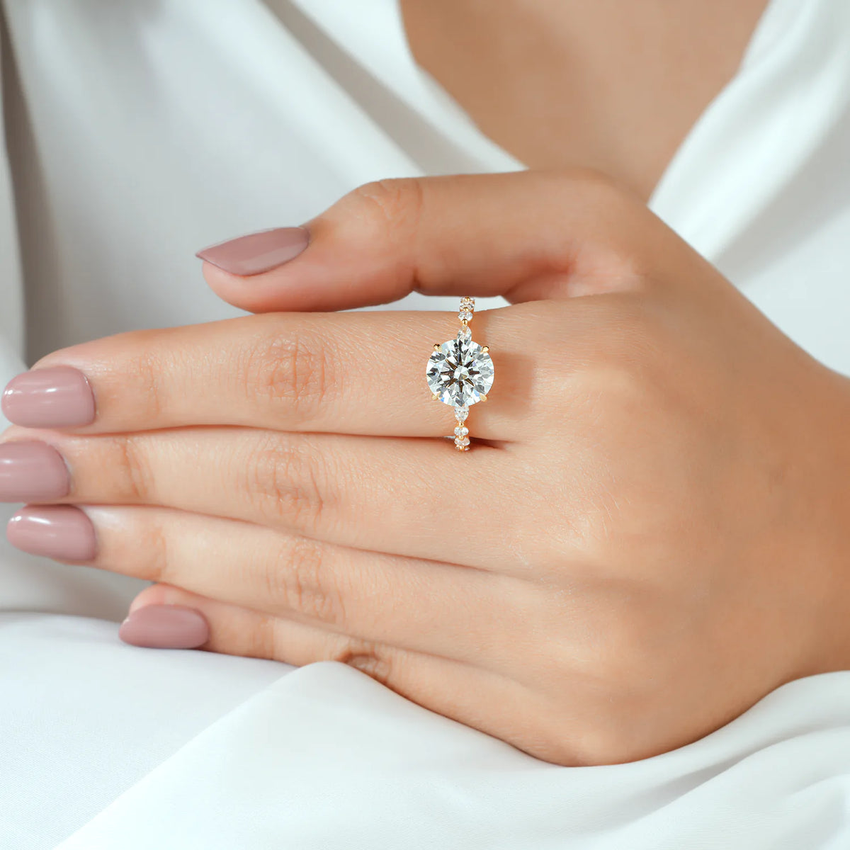 Round Lab-Grown Diamond Engagement Ring with Alternating Marquise & Round Band and Hidden Halo
