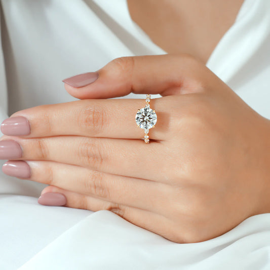 Round Lab-Grown Diamond Engagement Ring with Alternating Marquise & Round Band and Hidden Halo
