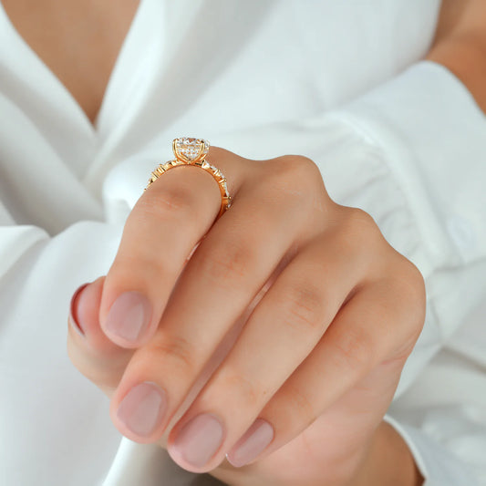 Round Lab-Grown Diamond Engagement Ring with Alternating Marquise & Round Band and Hidden Halo