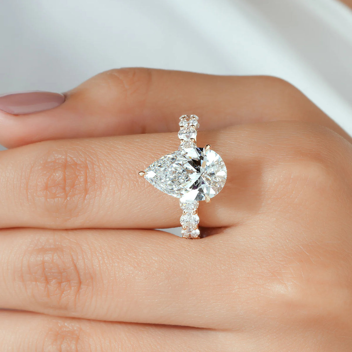 Pear Cut Lab Grown Diamond Hidden Halo Engagement Ring Bridal Set with Scalloped Openwork Diamond Bands