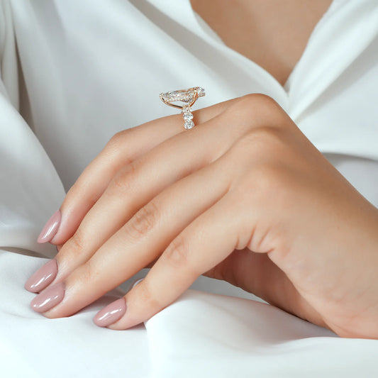 Pear Cut Lab Grown Diamond Hidden Halo Engagement Ring Bridal Set with Scalloped Openwork Diamond Bands