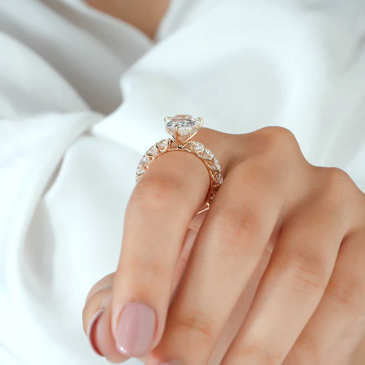Pear Cut Lab Grown Diamond Hidden Halo Engagement Ring Bridal Set with Scalloped Openwork Diamond Bands