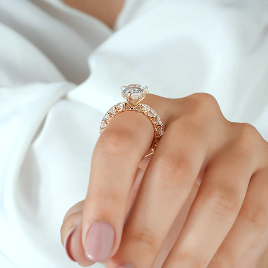 Pear Cut Lab Grown Diamond Hidden Halo Engagement Ring Bridal Set with Scalloped Openwork Diamond Bands