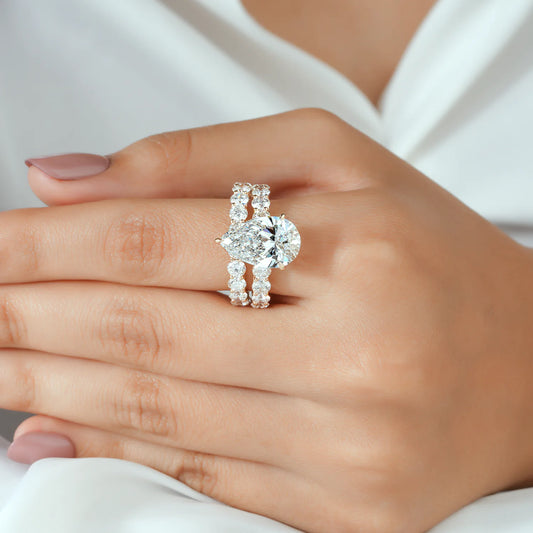 Pear Shaped Lab Grown Diamond Engagement Ring with Full Eternity Shared Prong Ring