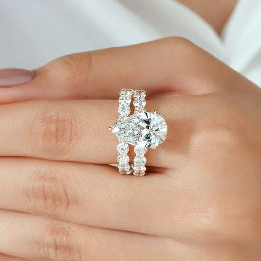 Pear Cut Lab Grown Diamond Hidden Halo Engagement Ring Bridal Set with Scalloped Openwork Diamond Bands