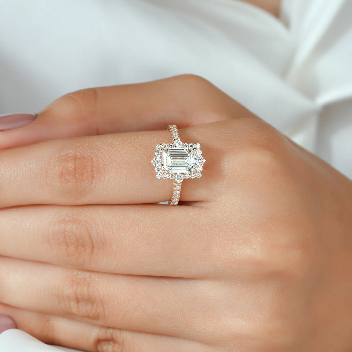 Emerald Cut Halo Split Shank Ring