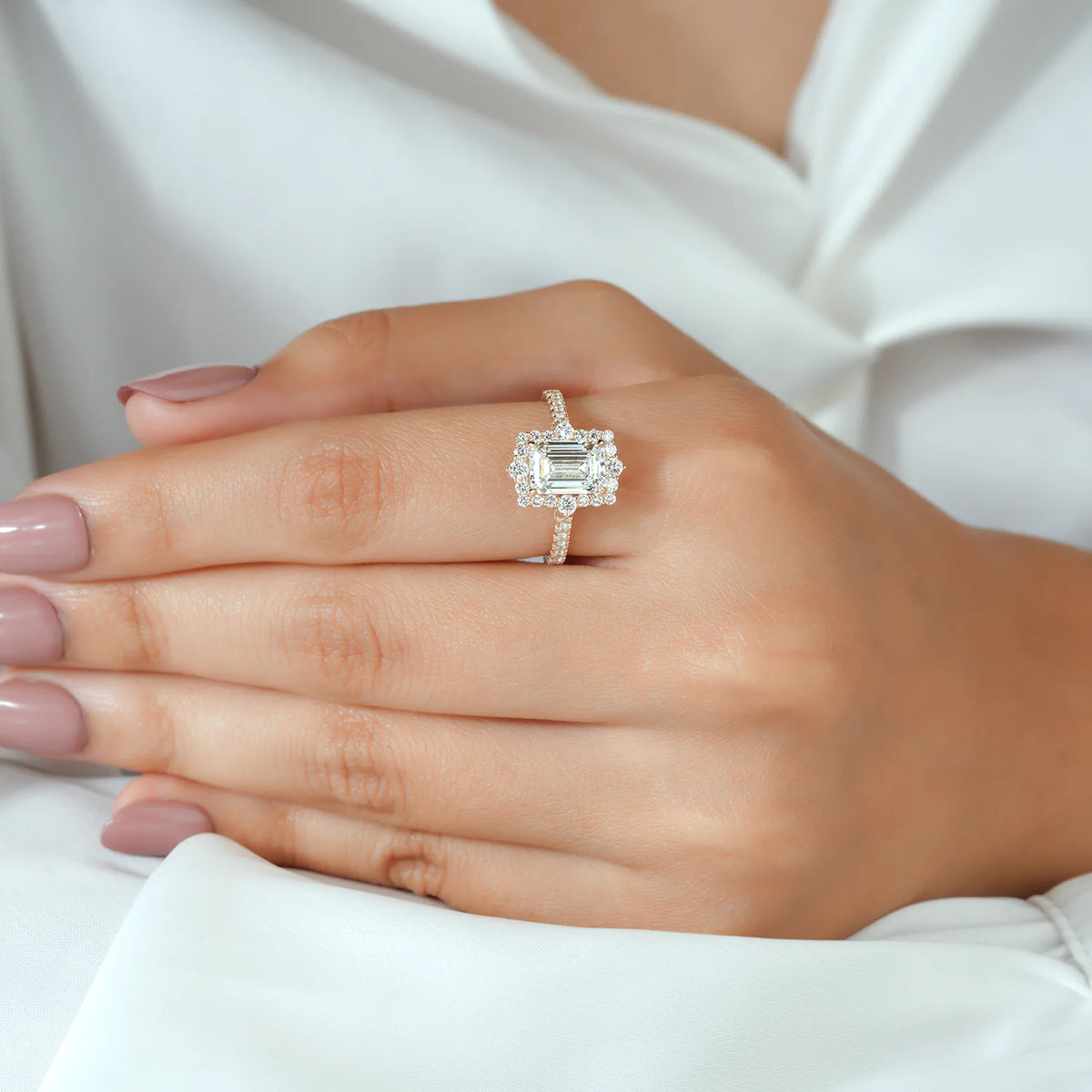 Emerald Cut Halo Split Shank Ring