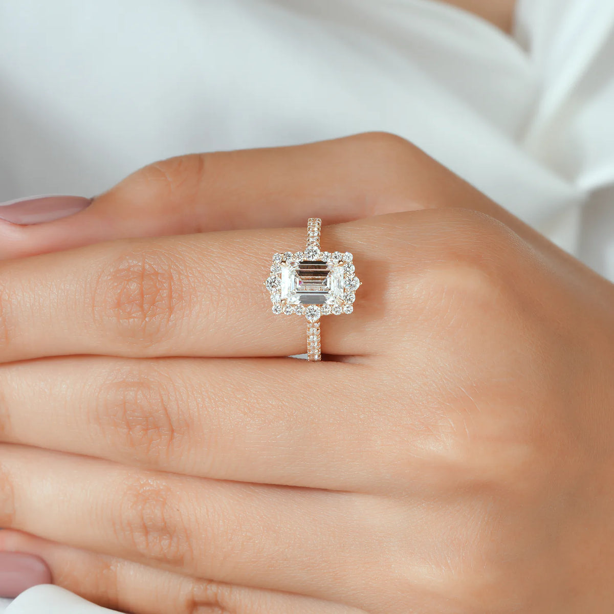 Emerald Cut Halo Split Shank Ring