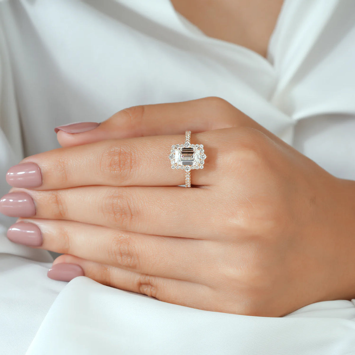 Emerald Cut Halo Split Shank Ring