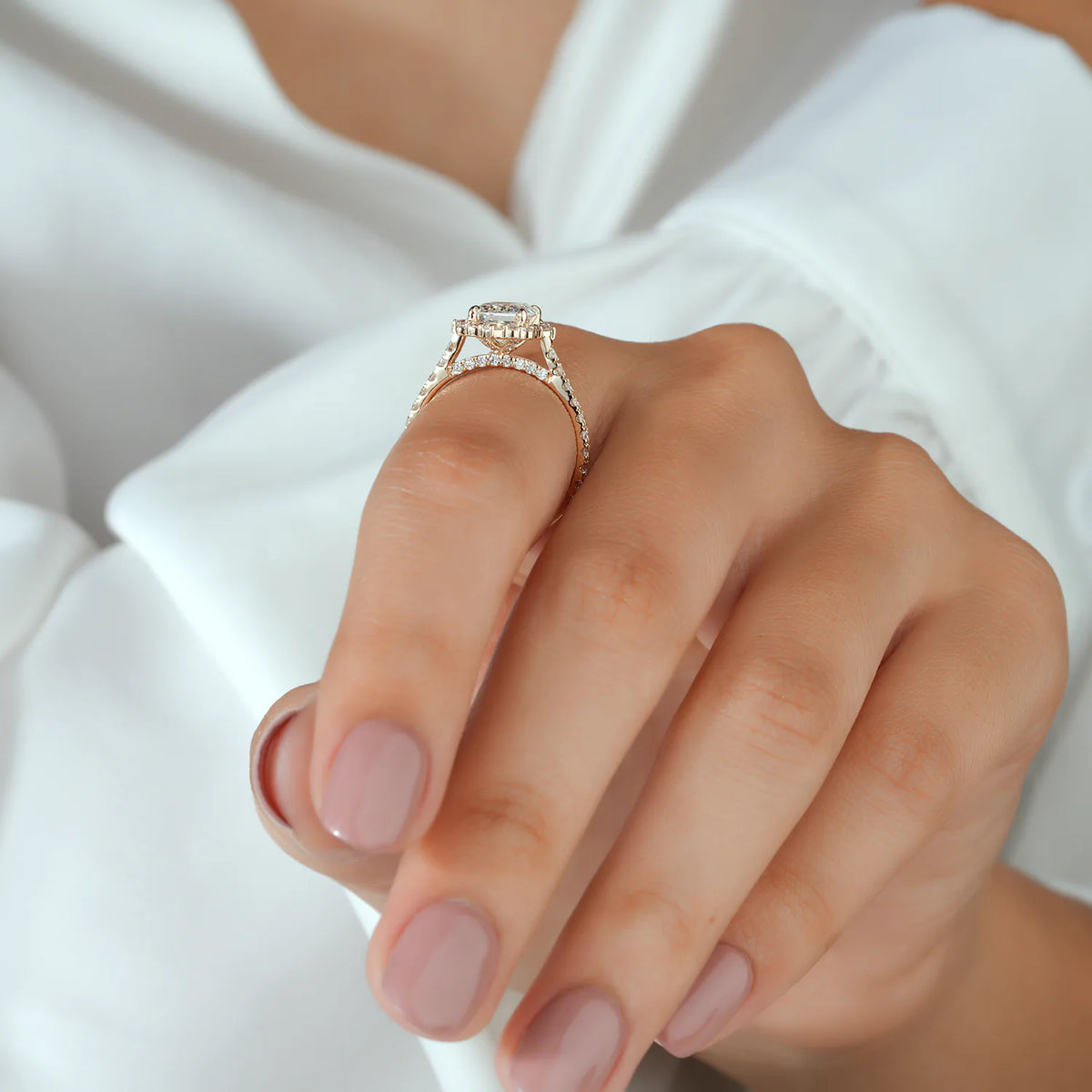 Emerald Cut Halo Split Shank Ring