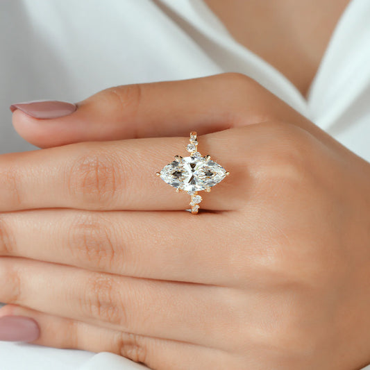 Marquise Cut Lab Grown Diamond Six Prong Engagement Ring with Scattered Side Diamonds and Hidden Halo in Gold or Platinum