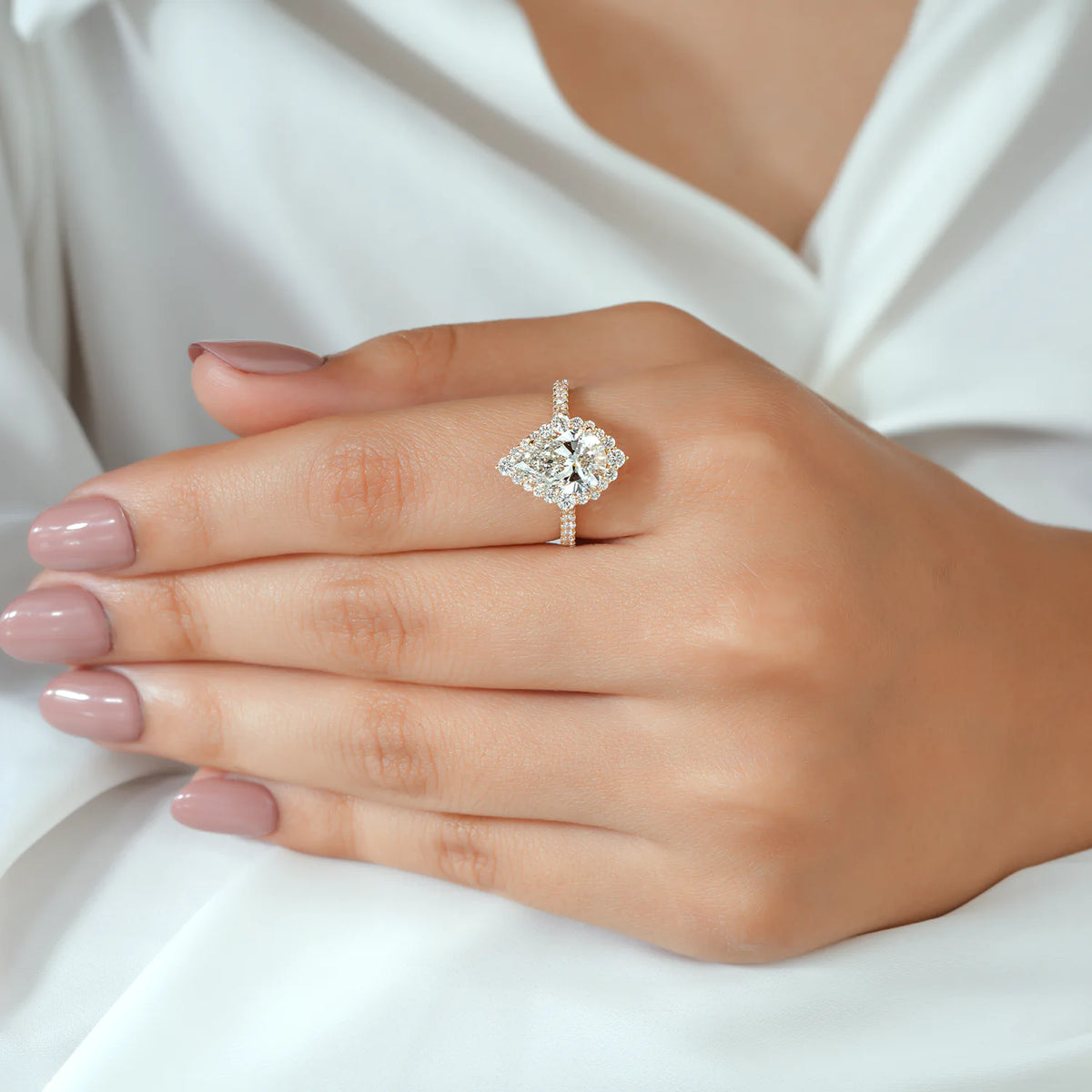 Pear Lab Grown Diamond Elongated Halo Ring, Pave Diamond Ring